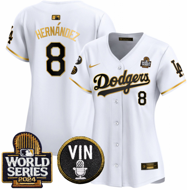 Youth Los Angeles Dodgers #8 Enrique Hernández White/Gold 2024 World Series With Vin & Kobe Patch Limited Stitched Baseball Jersey Youth Los Angeles Dodgers #8 Enrique Hernández White/Gold 2024 World Series With Vin & Kobe Patch Limited Stitched Baseball Jersey